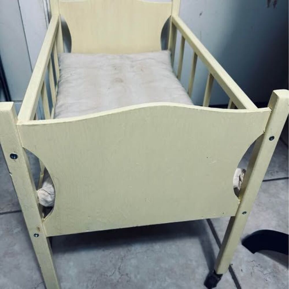 Vintage Wooden Doll Bed with Wheels